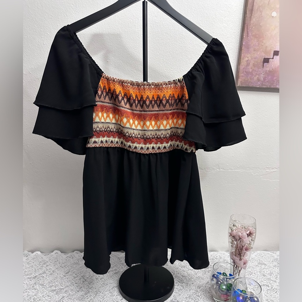Black Orange Off Shoulder Boho Blouse Shein Curve 0XL Flowy Festival Cute Top